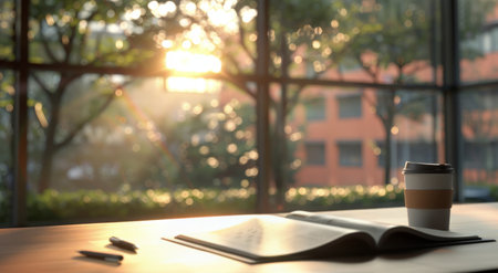 Soft morning light streams through a window, highlighting an open book and a steaming coffee mug on a wooden table, with delicate flowers gently floating in the air.の素材