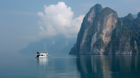 A solitary boat navigates turquoise waters, surrounded by towering rocky cliffs, showing nature's beauty and tranquility. The clear water reflects the serene ambiance of this stunning location.の素材