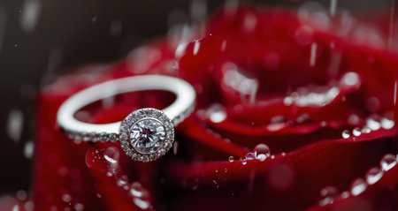 A beautiful diamond ring with a sparkling center stone is elegantly placed on vibrant red rose petals, showing a romantic and luxurious ambiance enhanced by soft, warm lighting.の素材