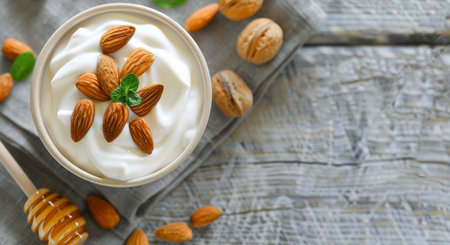 Delicious yogurt topped with crunchy almonds and a drizzle of honey adds a nutritious touch to breakfast. The rustic bowls arranged on a textured surface create an inviting and homely atmosphere.の素材