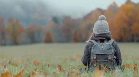 A woman sits peacefully in tall grass, wearing a sturdy backpack, gazing at majestic mountains under a soft twilight sky.の素材