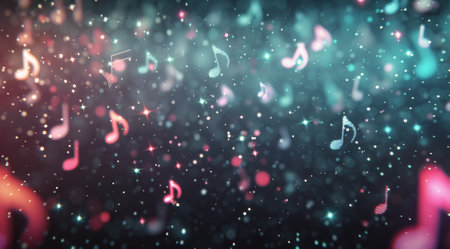 Vibrant neon music notes in various colors float against a starry night sky backdrop, creating a lively atmosphere that echoes the joy of music and celebration.の素材
