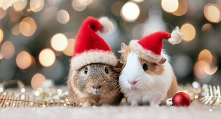 Two cute guinea pigs wear festive Santa hats while resting on a sparkly surface, with shimmering lights in the background creating a joyful, holiday atmosphere.の素材