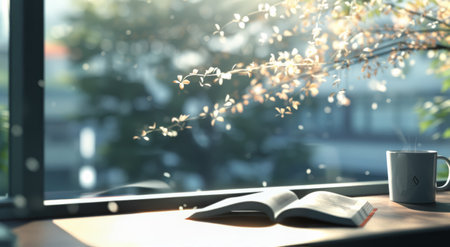 Soft morning light streams through a window, highlighting an open book and a steaming coffee mug on a wooden table, with delicate flowers gently floating in the air.の素材