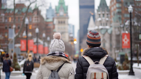 Two friends walk through a snowy urban avenue, enjoying the winter weather and the festive decorations around them. The city skyline is visible in the background, creating a charming winter atmosphere.の素材