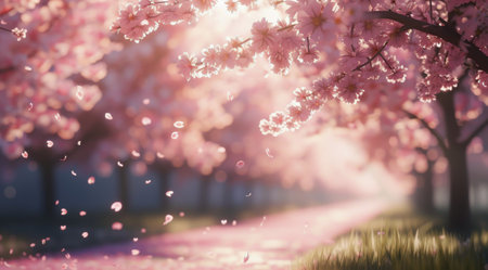 A picturesque pathway lined with blooming cherry blossom trees, adorned with soft pink petals drifting through the air, creating a serene atmosphere in early spring.の素材