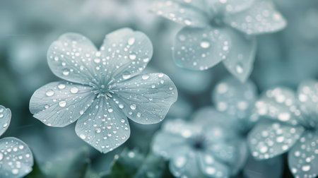Close-up of small blue flowers adorned with glistening dew drops, capturing the gentle beauty of nature in soft morning light.の素材