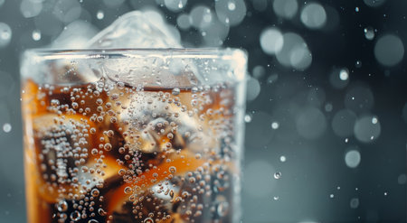 A cold beverage with ice cubes glistens under raindrops, creating a refreshing atmosphere. The blurred background features warm bokeh lights, enhancing the drink's appeal during a rainy moment.の素材