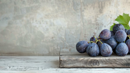 A wooden tray displays a vibrant selection of fresh figs and dark grapes, arranged artistically. The textured background adds an earthy tone, highlighting the natural beauty of the fruits.の素材