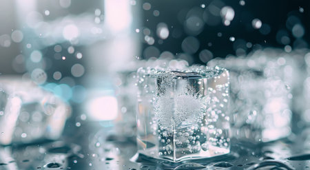 Bubbles rise around clear ice cubes submerged in water, creating a textured look against a dark backdrop, highlighting the interplay of light and liquid.の素材
