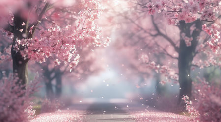 A tranquil pathway lined with cherry blossom trees showcases vibrant pink petals scattered along the ground, bathed in soft, ethereal light during the spring season.の素材