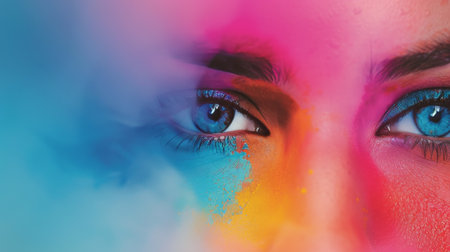 A young woman showcases bold makeup featuring bright colors, complemented by a swirl of pink smoke, creating an artistic and vibrant atmosphere against a blue background.の素材