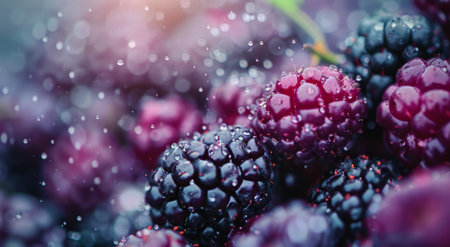 Juicy blackberries glisten with moisture, surrounded by vibrant green leaves, creating a bountiful arrangement perfect for a summer feast or dessert preparation.の素材