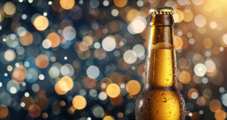 A chilled bottle of beer sits on display, with condensation glistening on the glass. The background is filled with vibrant, out-of-focus lights, creating a celebratory ambiance.の素材