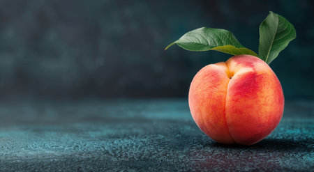 A juicy, ripe peach with a vibrant skin and a fresh green leaf rests on a dark textured surface, illuminated by soft light that enhances its natural colors and highlights its smooth surface.の素材