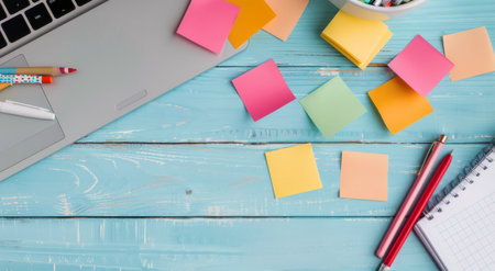A neatly arranged workspace features colorful sticky notes scattered alongside a laptop and stationery supplies. A notepad, pens, and a cup filled with writing tools complete the creative setup, inviting productivity.の素材