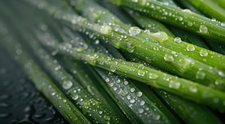 A bunch of vibrant asparagus stalks is artfully arranged alongside fresh pea shoots, all resting on a textured dark surface dotted with moisture. This composition highlights the freshness of the vegetables.の素材