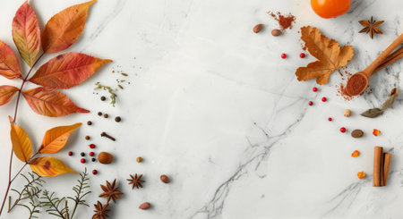 A vibrant array of spices including turmeric and cinnamon is arranged on a marble surface alongside fresh tomatoes and oranges, creating an inviting atmosphere for cooking or culinary exploration.の素材