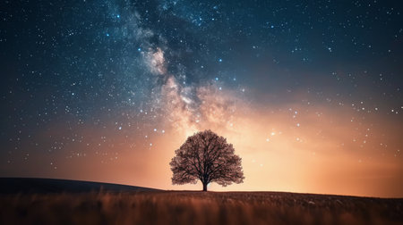 A solitary tree stands on a hill, silhouetted against the vibrant colors of dusk. The Milky Way stretches across the sky, filled with countless stars, creating a breathtaking view of nature's beauty.の素材