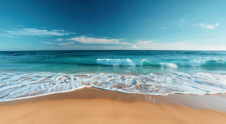 Soft waves lap at the sandy shore under a bright blue sky, creating a tranquil coastal atmosphere. The horizon meets the ocean, inviting relaxation and reflection on a peaceful day.の素材