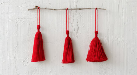 Three vibrant red tassels hang from a slender branch, creating a striking contrast against a rustic white background with visible wood grain and holes, adding a touch of color to a simple, natural display.の素材