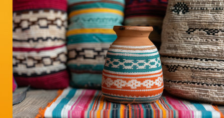 Vibrant handwoven baskets in various colors and patterns are organized on wooden shelves, showing the craftsmanship of local artisans in a bustling marketplace.の素材