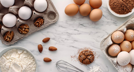 A marble countertop displays a variety of ingredients for baking, including white and brown eggs, nuts, flour, and baked treats, arranged neatly for easy access during the preparation of delicious desserts.の素材