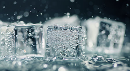 Bubbles rise around clear ice cubes submerged in water, creating a textured look against a dark backdrop, highlighting the interplay of light and liquid.の素材