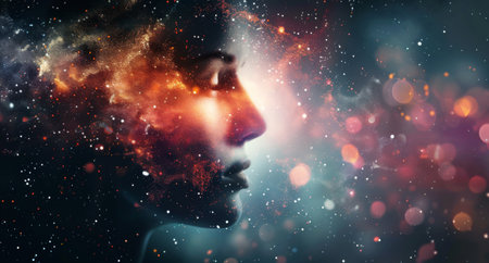 A woman's profile merges with a cosmic landscape, featuring vibrant nebulas and glimmering stars, creating a surreal and dreamlike atmosphere filled with wonder and mystery.の素材