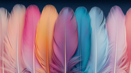 Vibrant feathers in shades of pink, blue, and orange are arranged closely, showing their texture and colors. This array highlights the natural beauty and diversity found in bird feathers.の素材