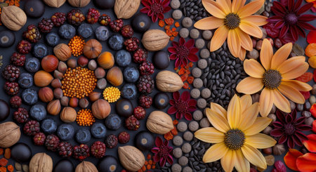 A vibrant display of various dried fruits and seeds arranged aesthetically on a dark surface, showing an array of colors and textures. The composition highlights nature's bounty.の素材
