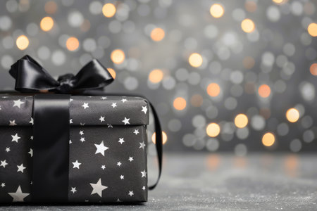 A beautifully wrapped black gift box adorned with gold stars and a black ribbon sits against a soft, sparkling background of twinkling lights, creating a festive and inviting atmosphere for celebrations.の素材
