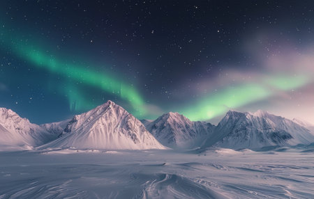 The sky is filled with vibrant hues of green and pink as the aurora borealis dances above rugged snow-capped mountains during a clear Arctic night.の素材