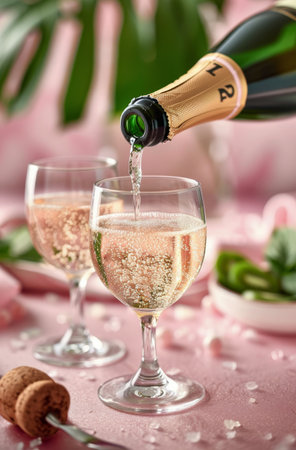 A sparkling drink is poured into elegant glasses, creating bubbles. Soft pink roses and fresh raspberries decorate the table, complementing the festive atmosphere perfect for celebrations or gatherings.の素材