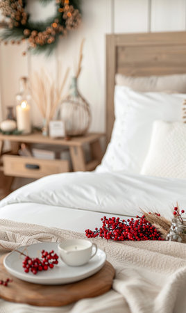 A beautifully arranged bedroom features a wooden nightstand holding a candle and a vase filled with red berries. The soft bedding and warm tones create a cozy atmosphere perfect for winter relaxation.の素材