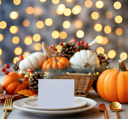 A beautifully arranged autumn table features elegant cutlery, empty glassware, and decorative pumpkins. Soft candlelight and twinkling bokeh create a warm and inviting atmosphere, perfect for gatherings.の素材