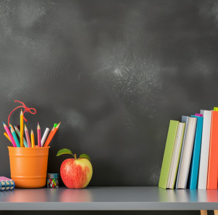 A vibrant setting features stacked books and a colorful cup of pencils beside a bright apple, creating a cheerful and inviting atmosphere ideal for learning.の素材