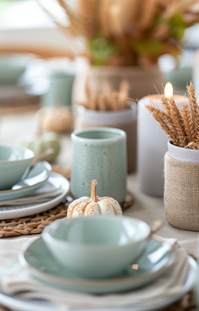 A beautifully arranged autumn dining table featuring teal plates, woven placemats, soft candles, and decorative pumpkins, creating a warm and inviting atmosphere for a seasonal gathering.の素材