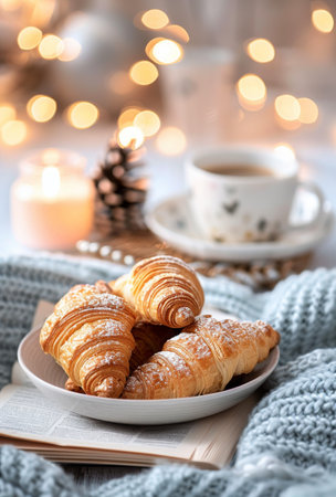 A warm cup of coffee accompanied by flaky croissants rests on a cozy blanket, with a magazine and soft twinkling lights in the background, creating a soothing and inviting morning atmosphere.の素材