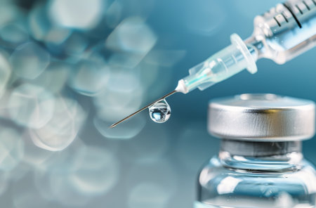 A vaccine vial is being prepared for injection as a needle draws liquid from the container, highlighting the meticulous process in a clean, clinical environment.の素材