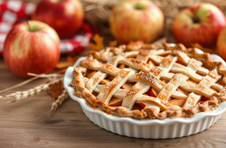 A freshly baked apple pie with a golden lattice crust sits on a wooden board, surrounded by ripe apples and autumn leaves. The warm colors and rustic setting evoke the cozy feeling of fall.の素材