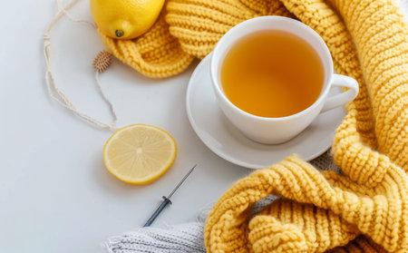 A cup of herbal tea featuring lemon slices and star anise rests on a white surface, surrounded by a soft knit scarf, enhancing the comforting atmosphere of a chilly day.の素材