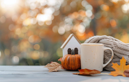 A cozy autumn arrangement featuring small pumpkins, a miniature house, and a warm mug nestled in a knitted blanket. Soft orange and yellow lights create a warm, inviting ambiance perfect for the season.の素材