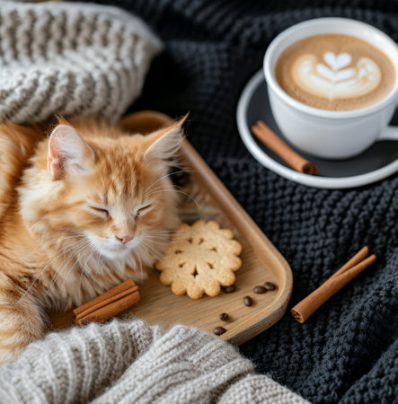 A ginger cat is resting with closed eyes beside a wooden platter filled with cookies and cinnamon sticks, accompanied by a steaming cup of coffee, all on a cozy knitted blanket.の素材