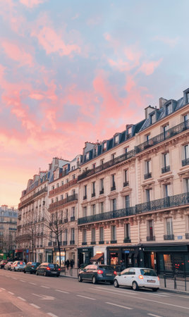 The sun sets over a beautiful Parisian street, casting warm hues on classic buildings. Residents and visitors enjoy the calm atmosphere as day transitions to night.の素材