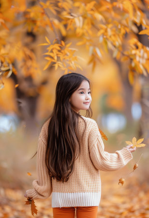 A young girl strolls through a forest path covered in fallen orange and yellow leaves during autumn. She wears a cozy sweater and bright orange leggings, as leaves gently cascade around her, creating a serene atmosphere.の素材
