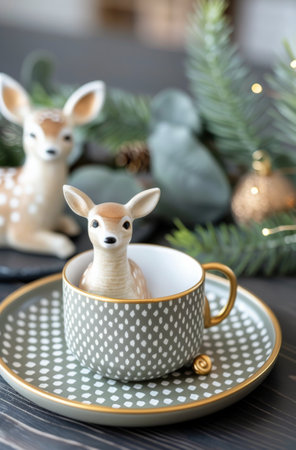A charming fawn figurine stands on a decorative plate, surrounded by various houseplants and modern vases, creating a whimsical and cozy atmosphere in a contemporary home setting.の素材