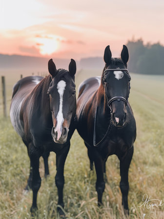 Two horses stand by a wooden fence, gazing towards the horizon where a warm sunrise breaks through the morning mist, casting a golden glow over a tranquil pasture.の素材