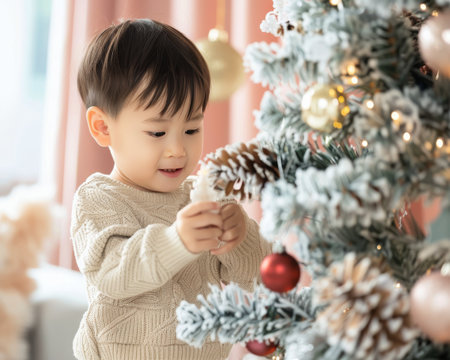 A joyful young child hangs colorful ornaments on a beautifully decorated Christmas tree surrounded by warm lights in a festive living room filled with holiday cheer.の素材