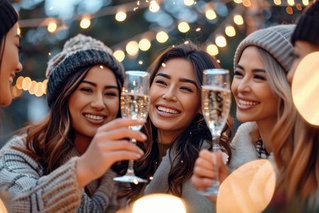 Three friends smile and raise their glasses in a toast during a joyful outdoor gathering, illuminated by soft lights in the evening.の素材